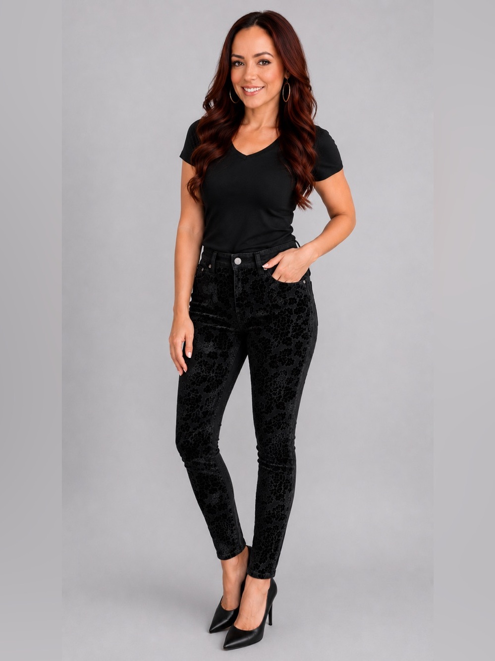 7 For All Mankind Black Floral Velvet-Print Skinny Jeans